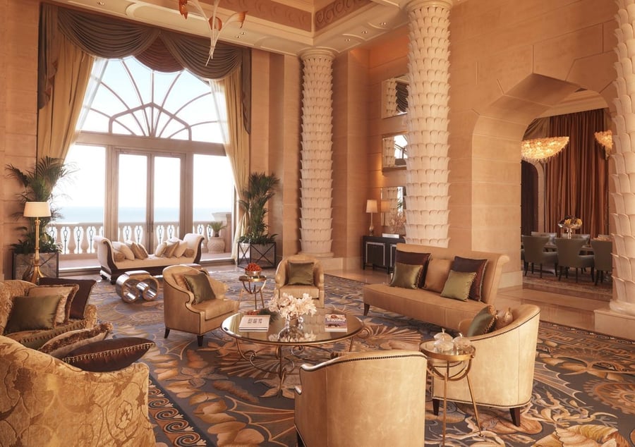 Most expensive resorts in the world | Living room at the bridge suite - Atlantis the Palm